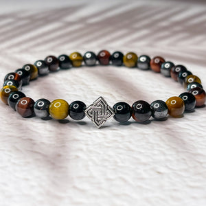 The Viking Power - Tiger Eye, Red Tiger Eye, Hematite, Onyx & Celtic Knot 6mm Bead Bracelet