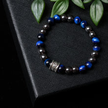 Load image into Gallery viewer, Calm Harmony - 8mm Hematite, Blue Tiger Eye &amp; Celtic Triquetra Design Bracelet
