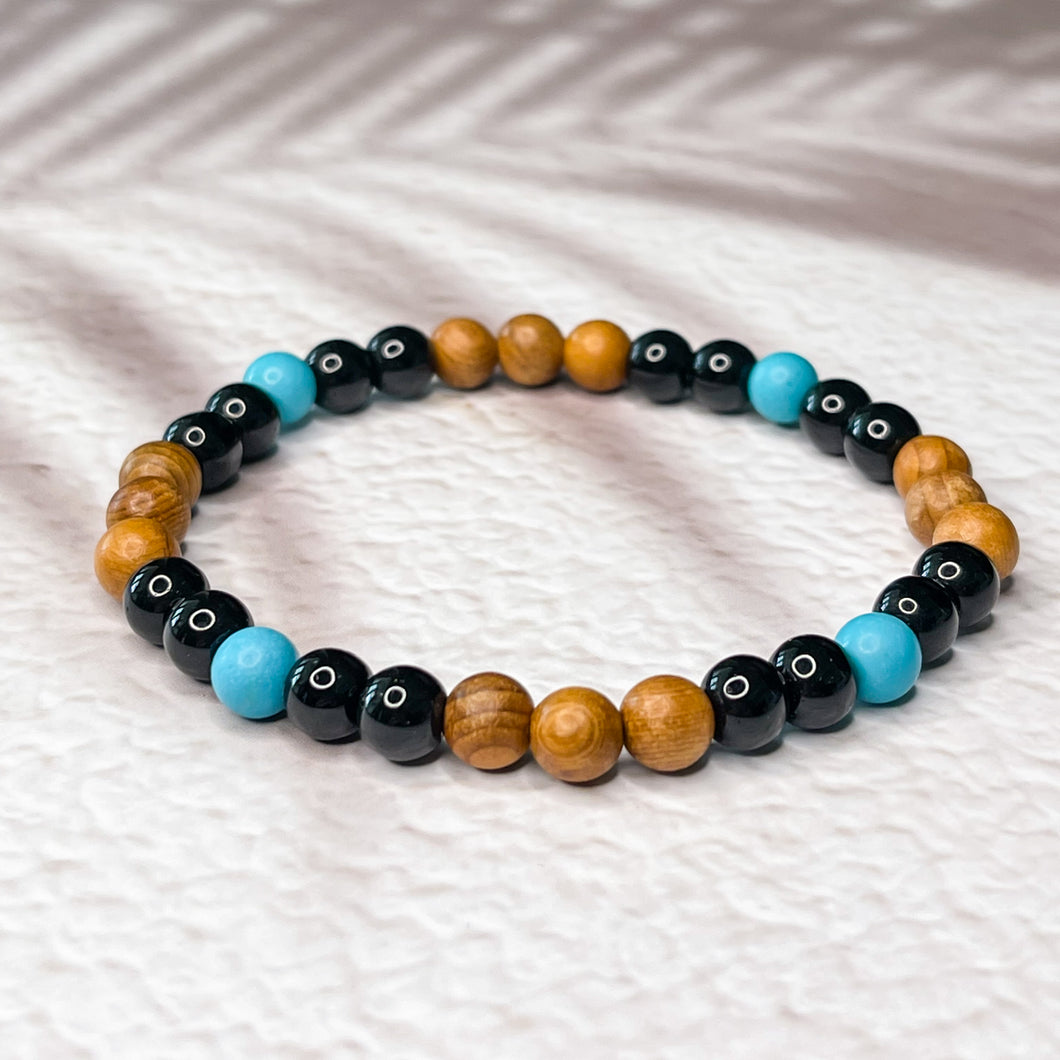 Yew Wood & Onyx Stone 6mm Bead Bracelet