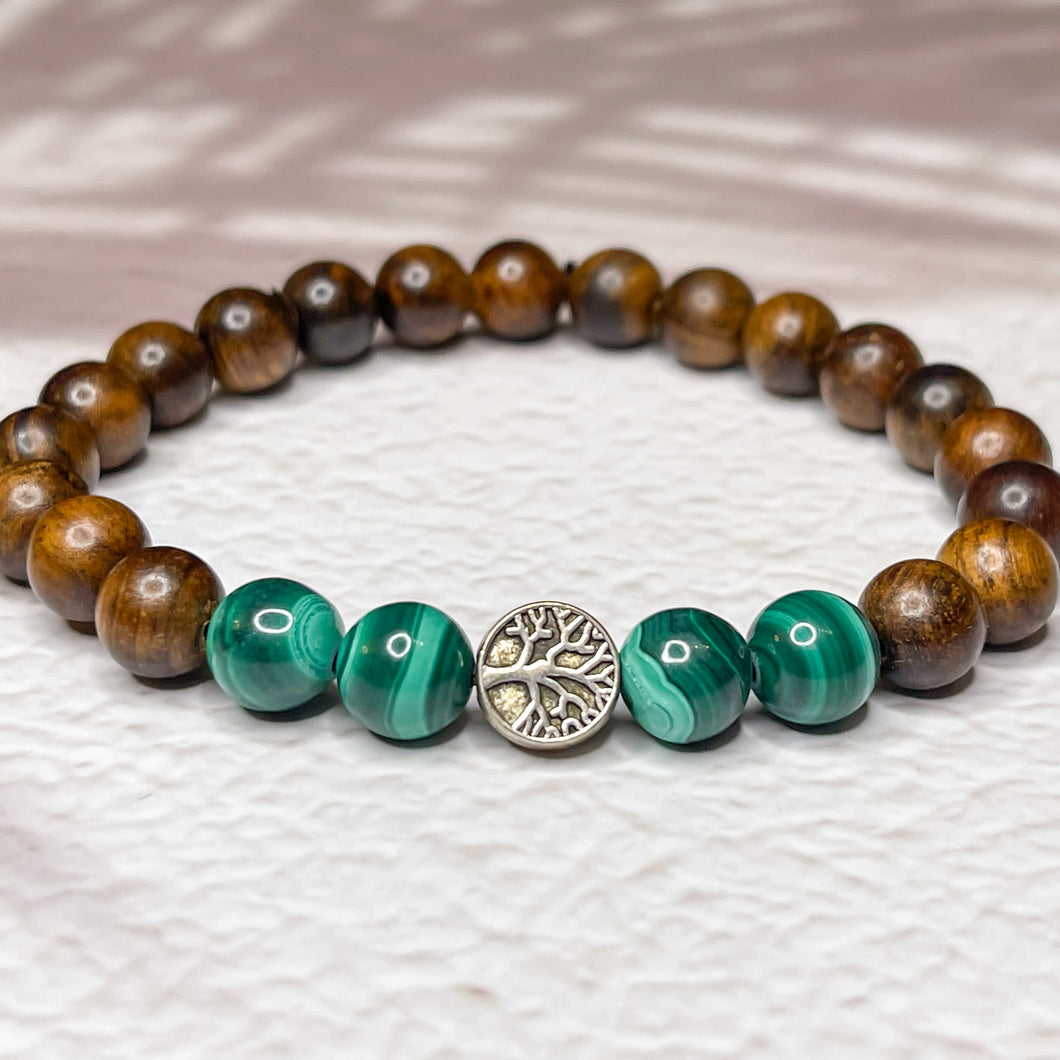 Tree of Life Bracelet - Malachite & Rosewood 8mm Bead Bracelet