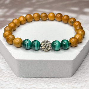 Tree of Life Bracelet - Malachite & Yew Wood 8mm Bead Bracelet