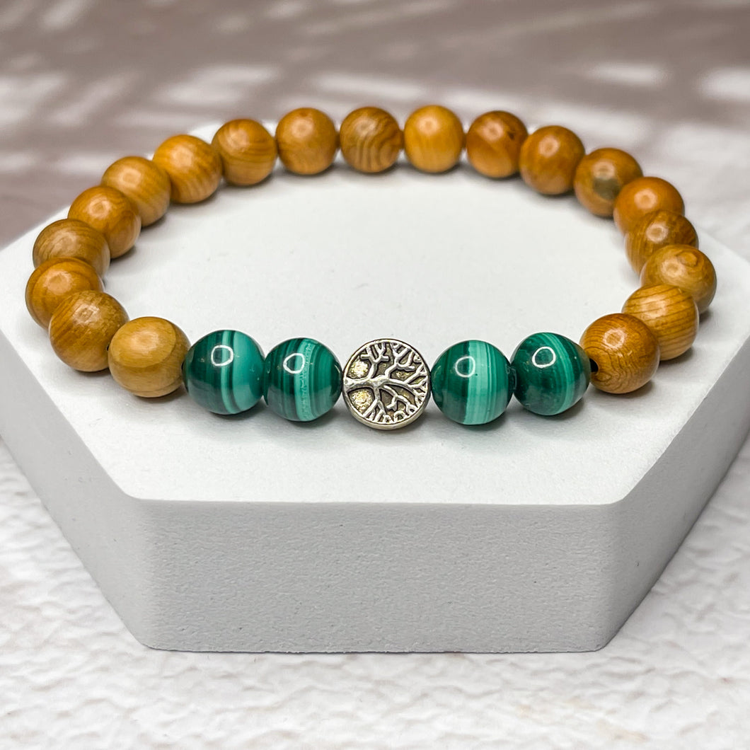 Tree of Life Bracelet - Malachite & Yew Wood 8mm Bead Bracelet