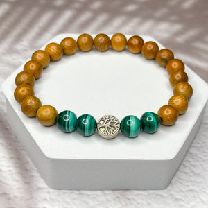 Tree of Life Bracelet - Malachite & Yew Wood 8mm Bead Bracelet