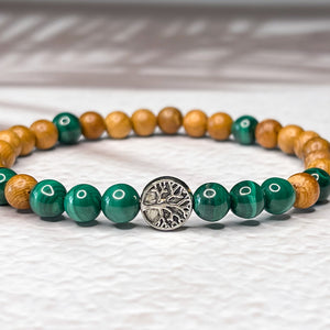 Tree of Life Bracelet - Malachite & Yew Wood 6mm Bead Bracelet