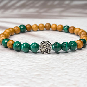 Tree of Life Bracelet - Malachite & Yew Wood 6mm Bead Bracelet