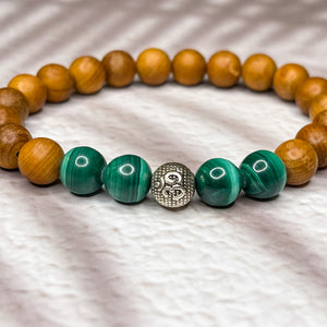 Men's Om 8mm Bead Bracelet - Malachite & Yew Wood