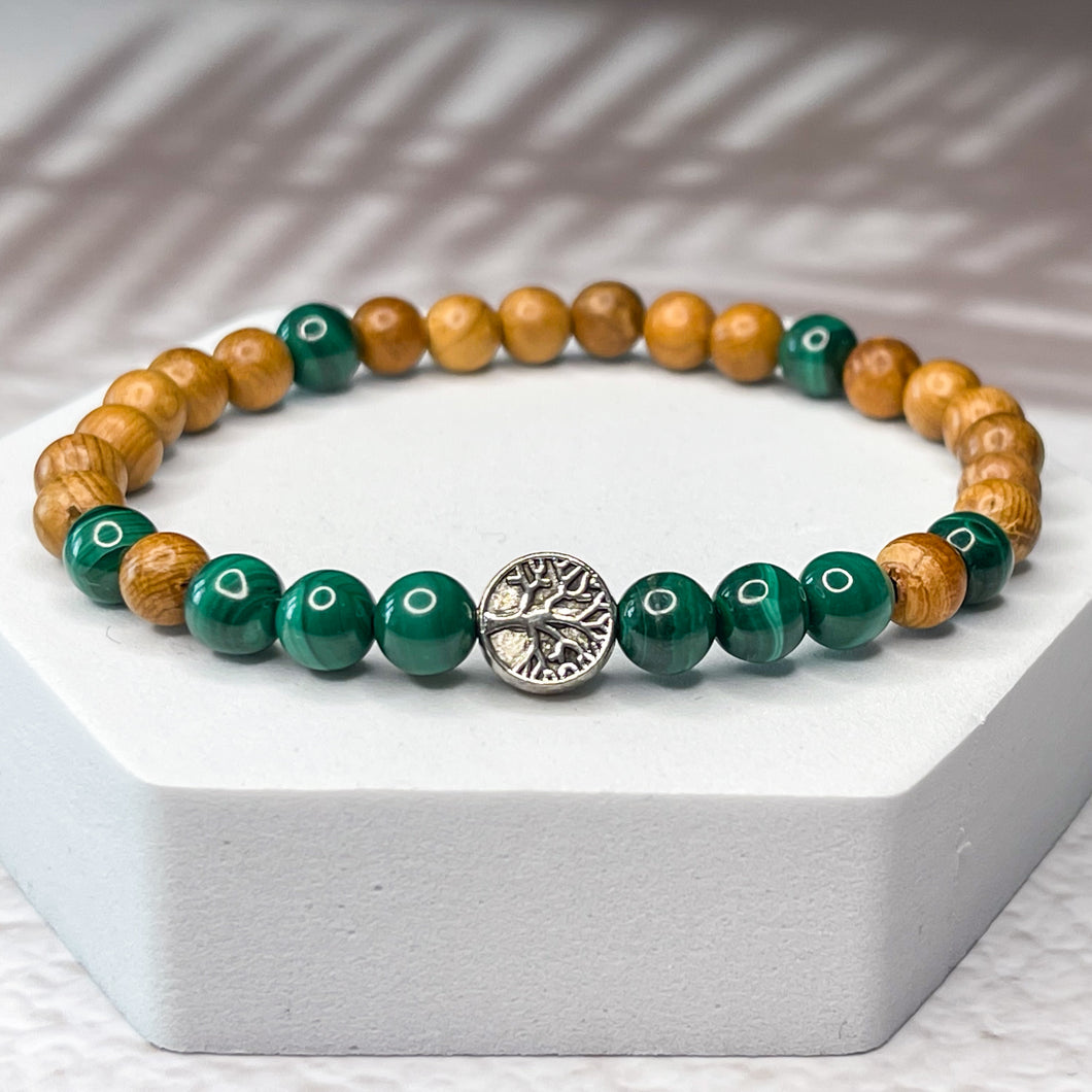 Tree of Life Bracelet - Malachite & Yew Wood 6mm Bead Bracelet