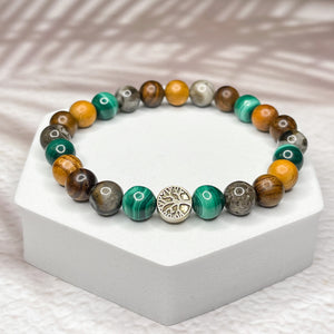 Tree of Life Bracelet - Petrified Wood, Malachite, Rosewood & Yew Wood