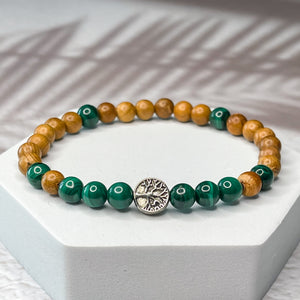 Tree of Life Bracelet - Malachite & Yew Wood 6mm Bead Bracelet