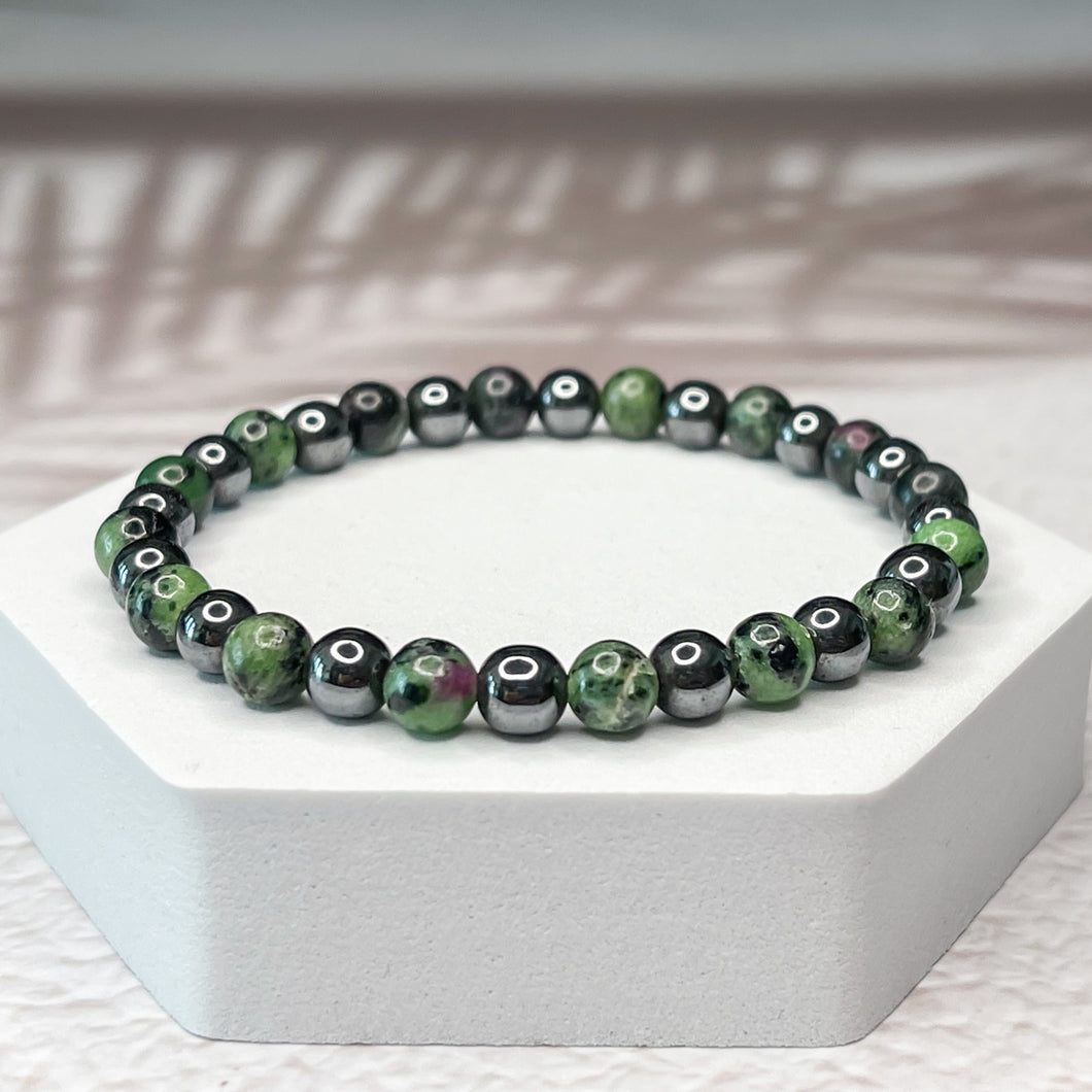 Ruby Zoisite & Hematite 6mm Bead Bracelet