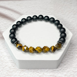 Faceted Tiger Eye, Matte Onyx, & Hematite 8mm Bead Bracelet