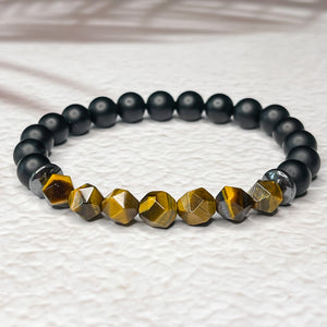 Faceted Tiger Eye, Matte Onyx, & Hematite 8mm Bead Bracelet