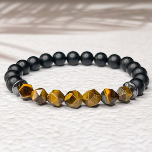 Faceted Tiger Eye, Matte Onyx, & Hematite 8mm Bead Bracelet