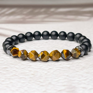 Faceted Tiger Eye, Matte Onyx, & Hematite 8mm Bead Bracelet