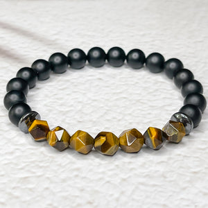 Faceted Tiger Eye, Matte Onyx, & Hematite 8mm Bead Bracelet