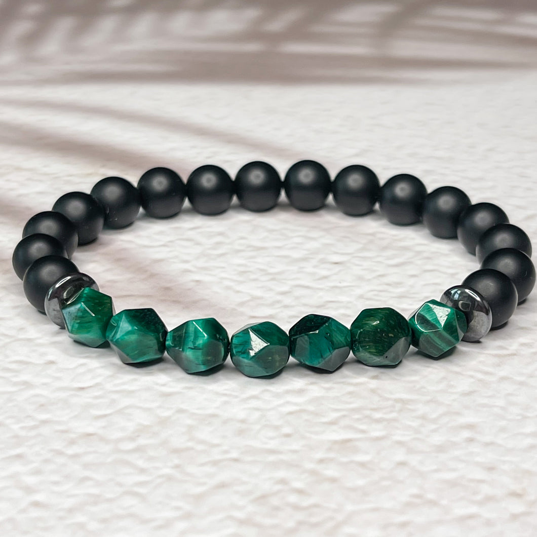 Faceted Green Tiger Eye, Matte Onyx, & Hematite 8mm Bead