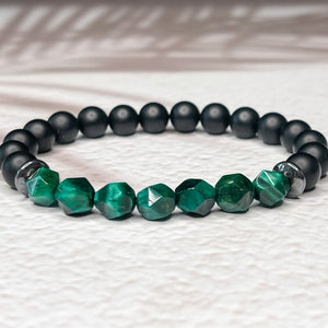 Faceted Green Tiger Eye, Matte Onyx, & Hematite 8mm Bead