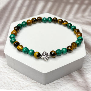 Abundant Prosperity - Malachite, Tiger Eye & Celtic Knot 6mm Bead Bracelet