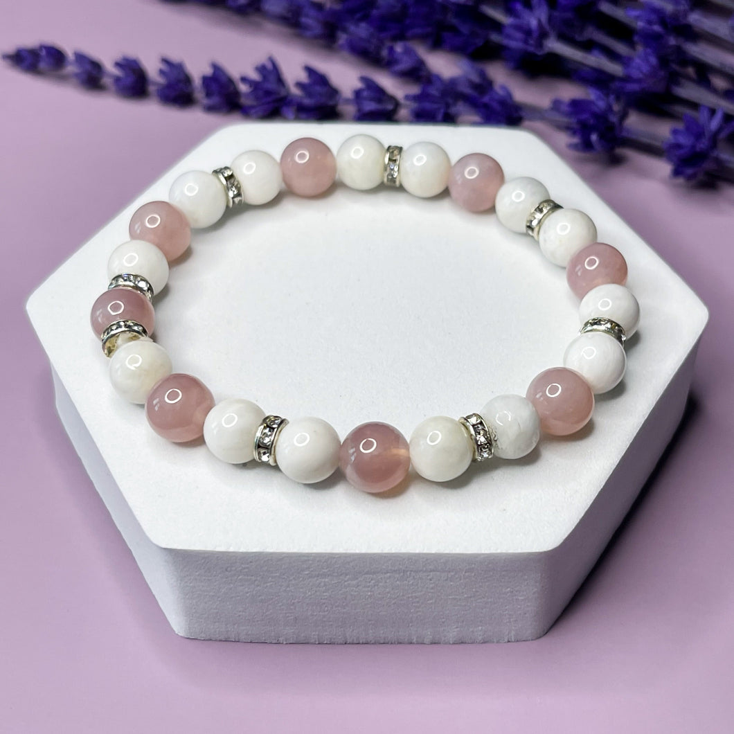 Soothing Love - Moonstone & Madagascar Rose Quartz 7mm Bead Bracelet