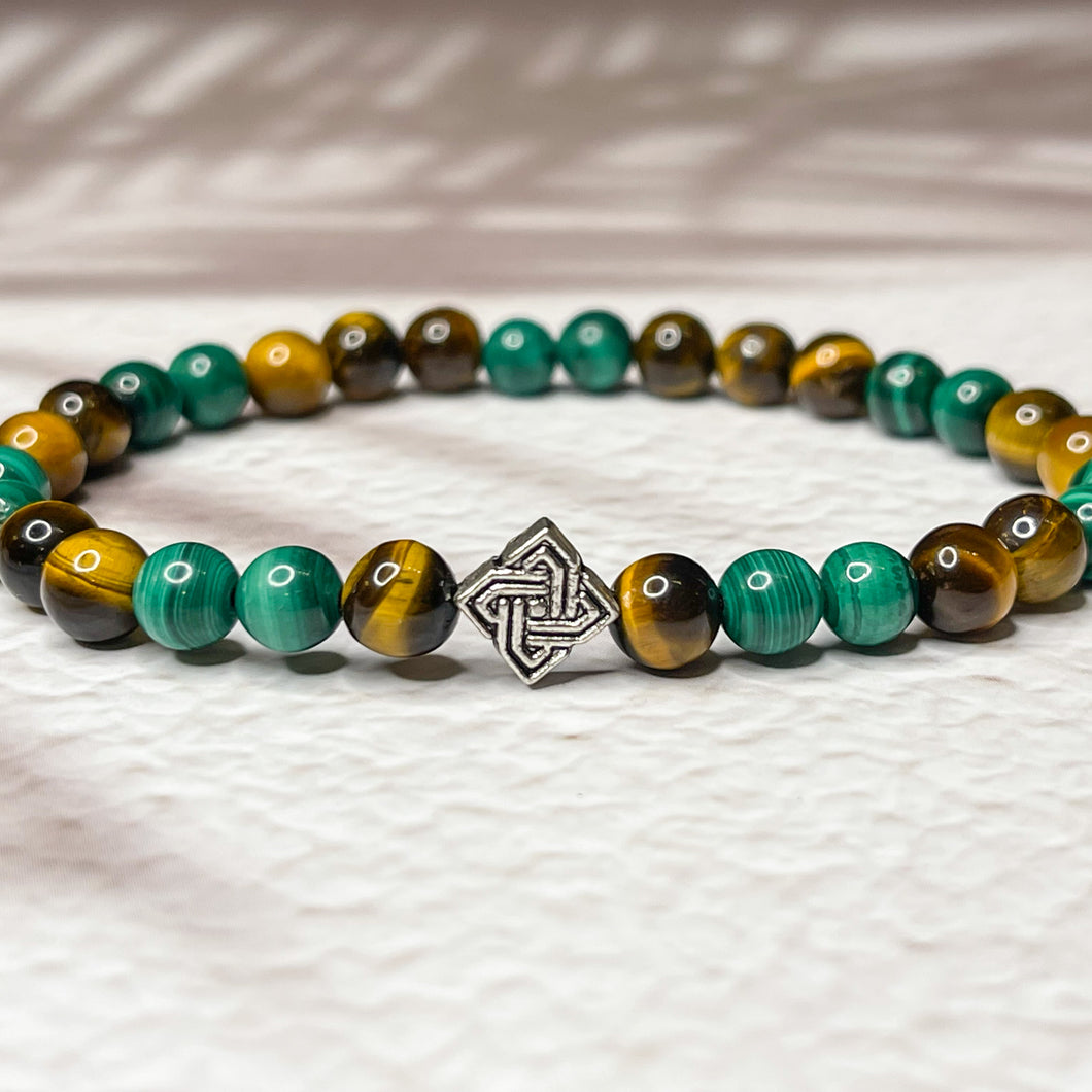 Abundant Prosperity - Malachite, Tiger Eye & Celtic Knot 6mm Bead Bracelet