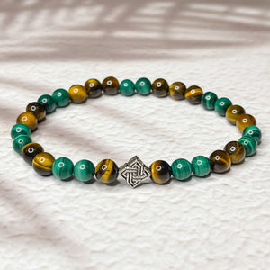 Abundant Prosperity - Malachite, Tiger Eye & Celtic Knot 6mm Bead Bracelet