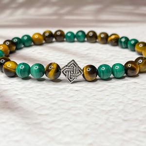 Abundant Prosperity - Malachite, Tiger Eye & Celtic Knot 6mm Bead Bracelet